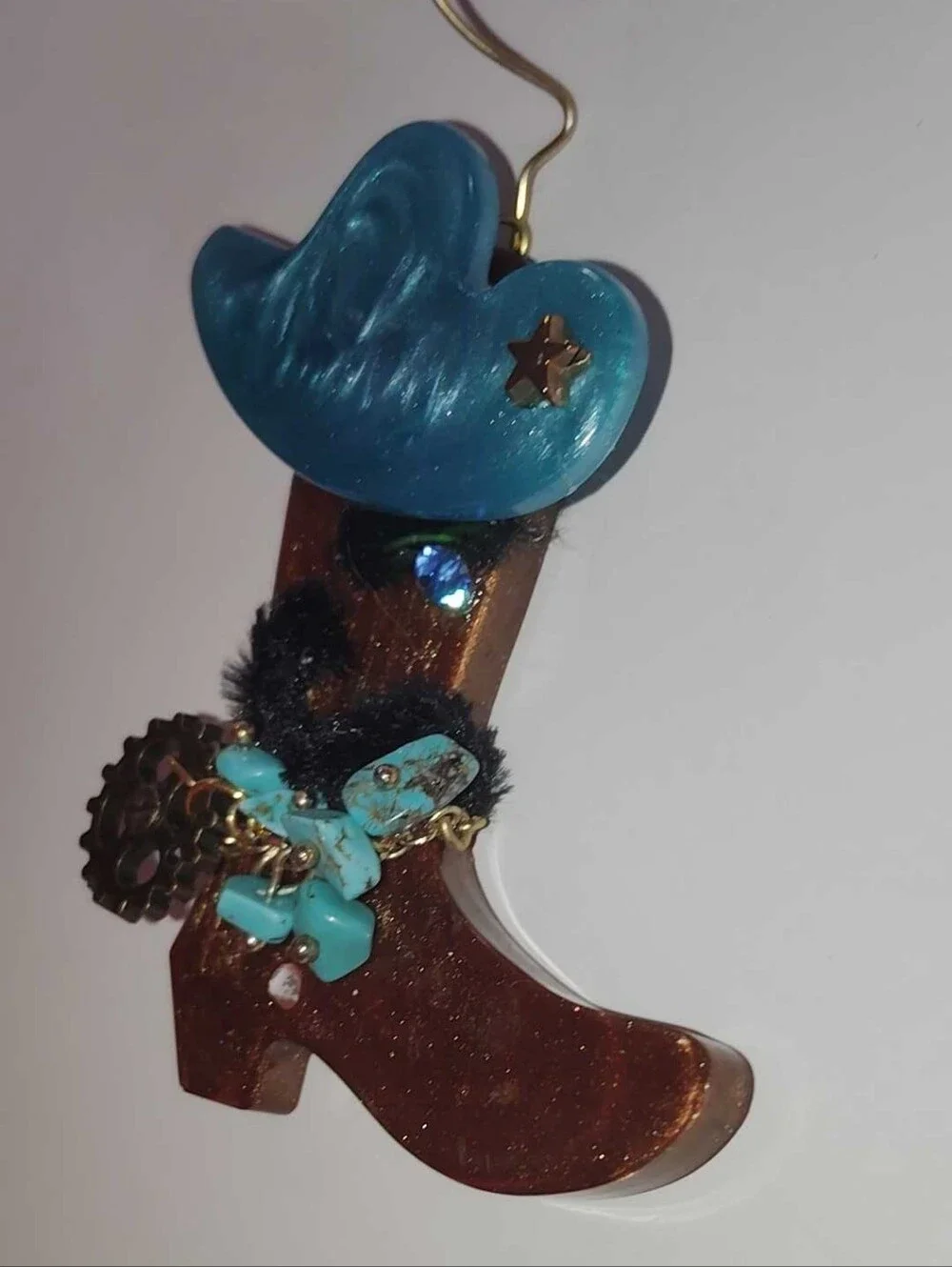 New Brown & Turquoise Resin Cowboy Boot Black Mustache Eyebrow Sparkle Blue Eye